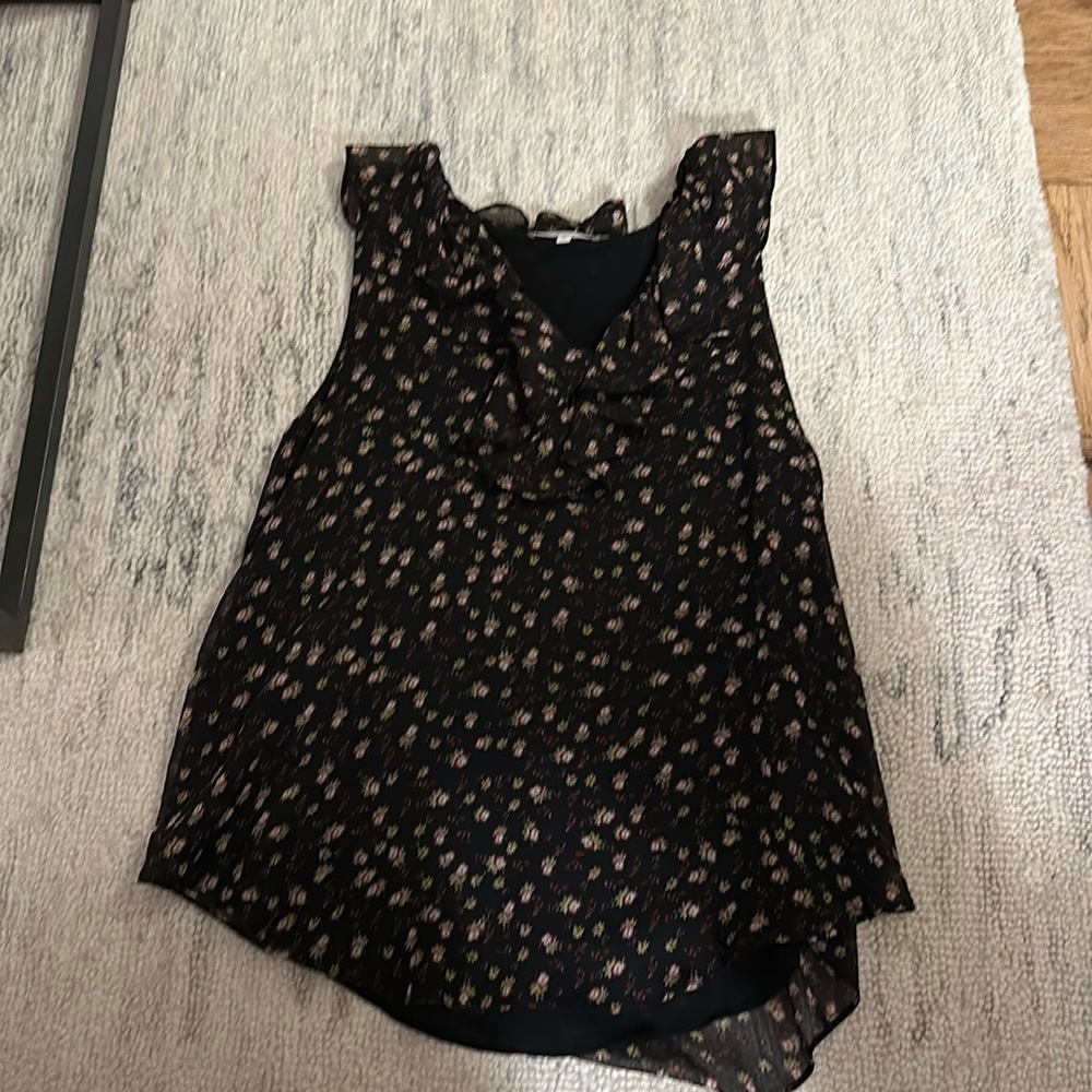 Rebecca Minkoff ruffle neck patterned blouse. Sleeveless